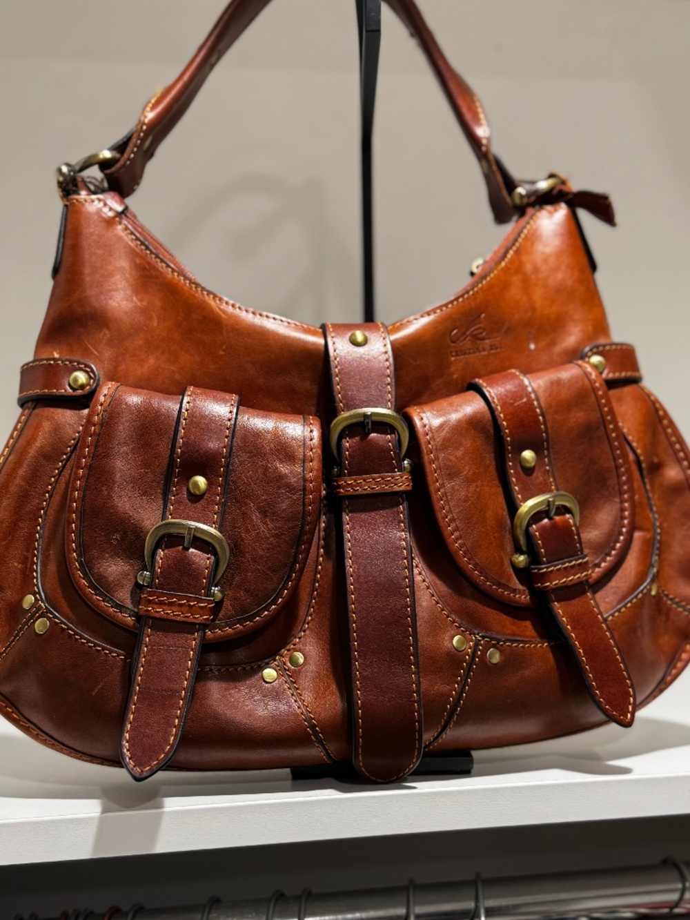 Italian Cognac Brown Leather Hobo Shoulder Bag – Double Buckle Pockets